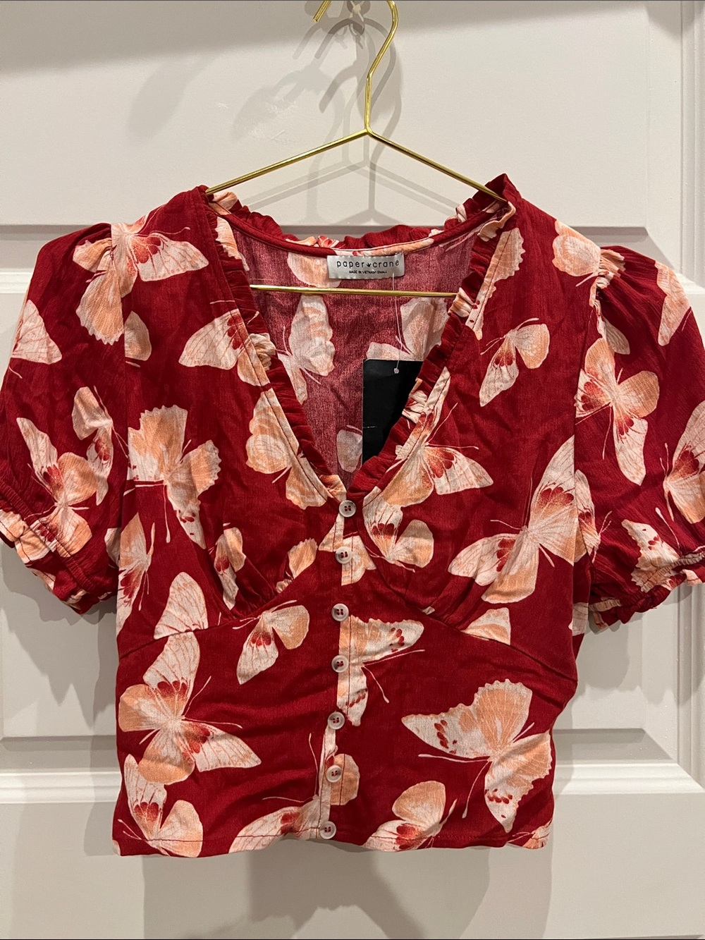 Anthropologie Paper Crane Red Butterfly Button-Front Crop Shirt